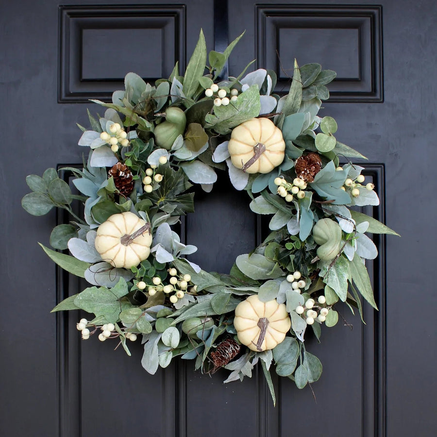 14:202888825#As Shown;200007763:201336100 - Aspen Artificial Autumn Wreath with White Pumpkins and Berries - Coa Living