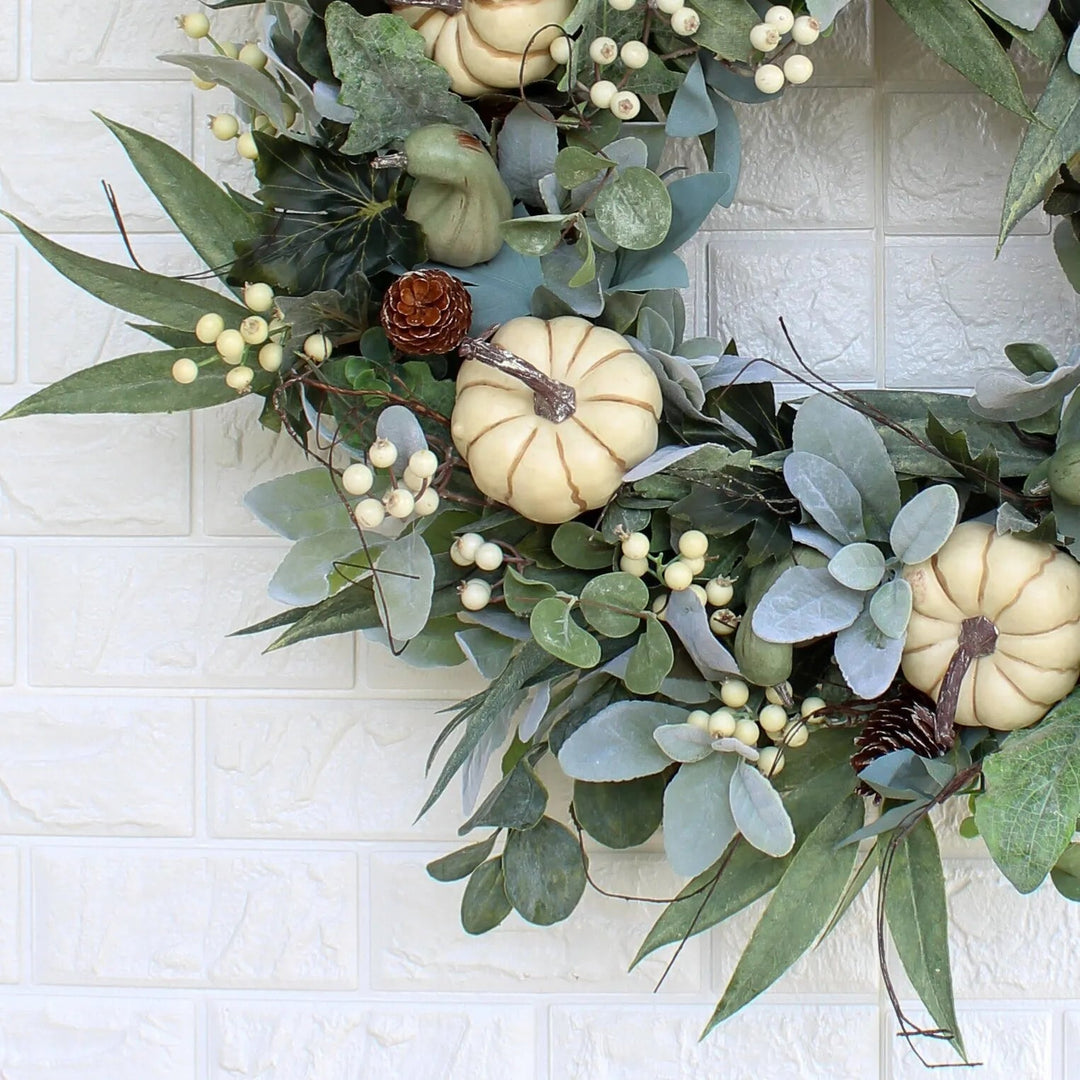 14:202888825#As Shown;200007763:201336100 - Aspen Artificial Autumn Wreath with White Pumpkins and Berries - Coa Living