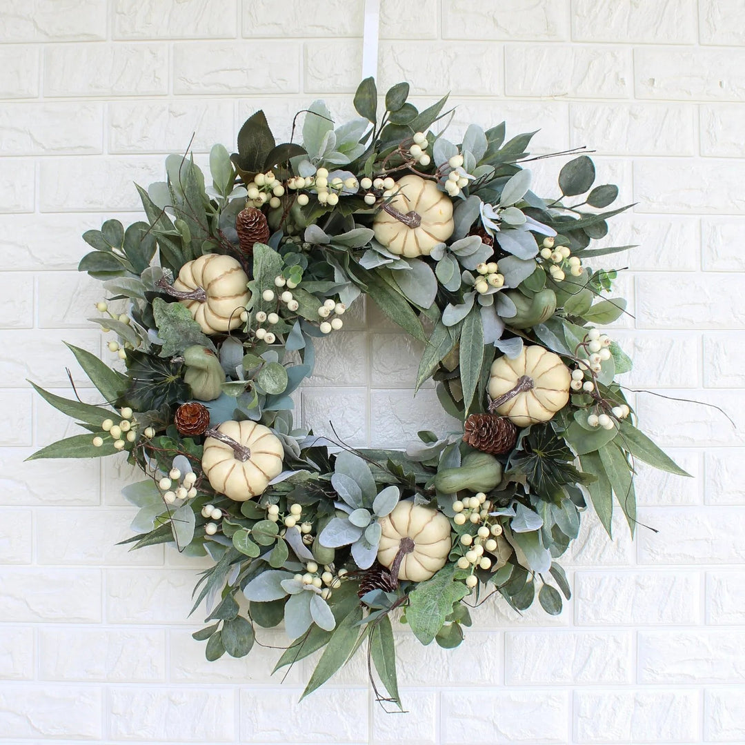 14:202888825#As Shown;200007763:201336100 - Aspen Artificial Autumn Wreath with White Pumpkins and Berries - Coa Living