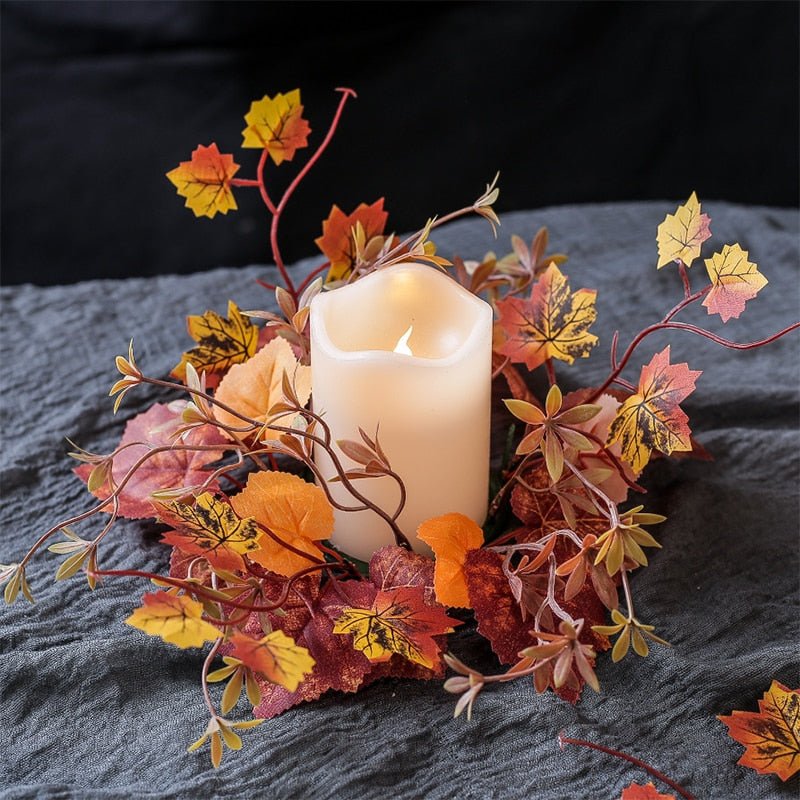 14:202888825#Orange - Harvest Moon Artificial Maple Leaf Autumn Candle Wreath Garland - Coa Living