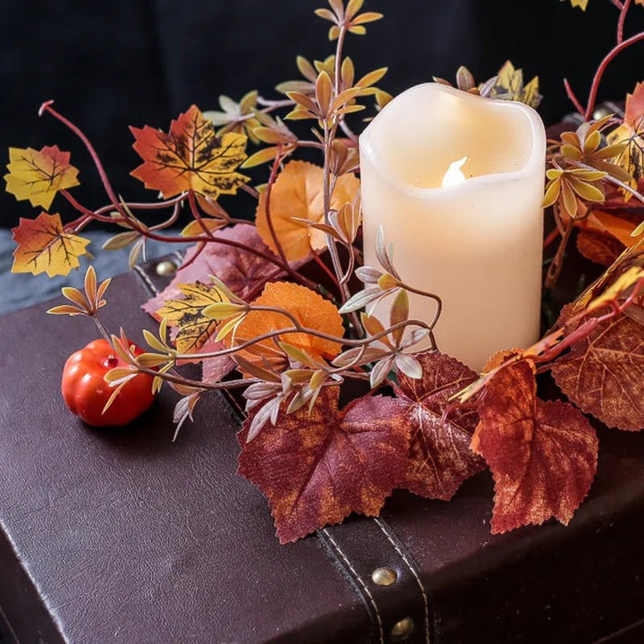 14:202888825#Orange - Harvest Moon Artificial Maple Leaf Autumn Candle Wreath Garland - Coa Living