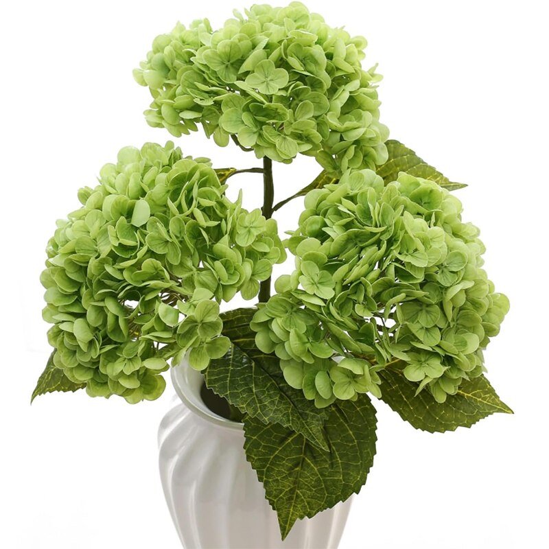 14:29#3 Pcs Dark Green - Artificial 3 Bloom Large Hydrangea Bouquet with Leaves - Coa Living