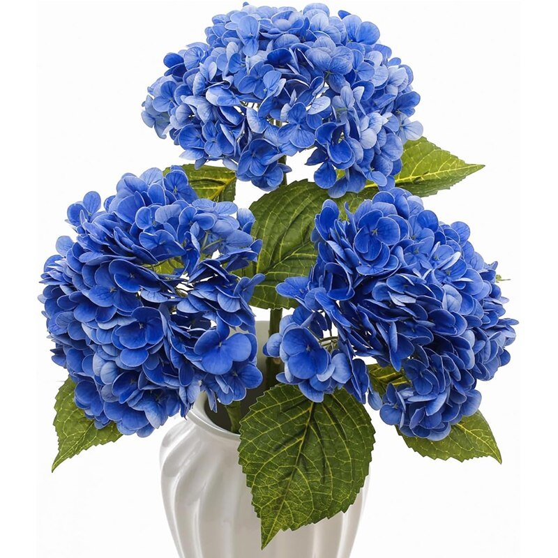 14:350850#3 Pcs Dark Blue - Artificial 3 Bloom Large Hydrangea Bouquet with Leaves - Coa Living