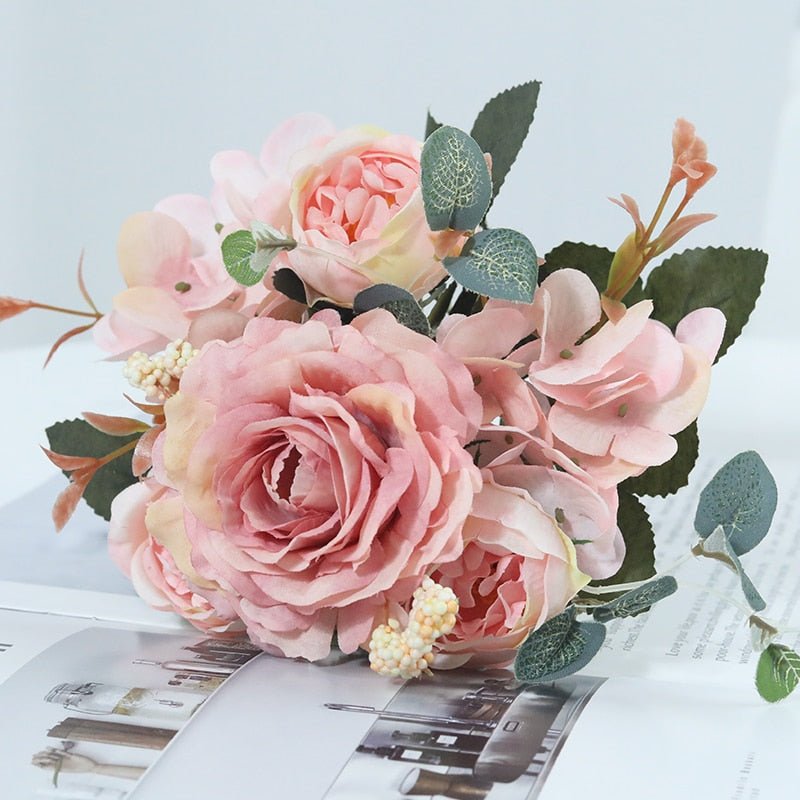 14:350850#Pink - Artificial Hydrangea Rose Eucalyptus and Peony Faux Flower Bouquet - Coa Living