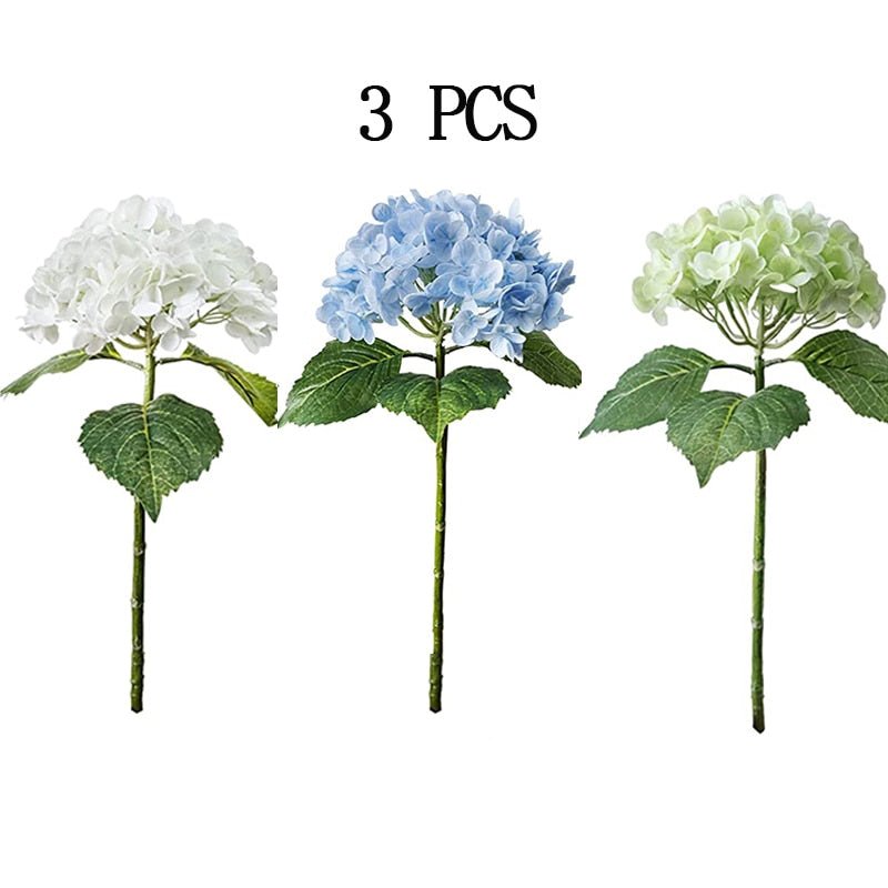 14:350853#Blue White Green - Artificial 3 Bloom Large Hydrangea Bouquet with Leaves - Coa Living