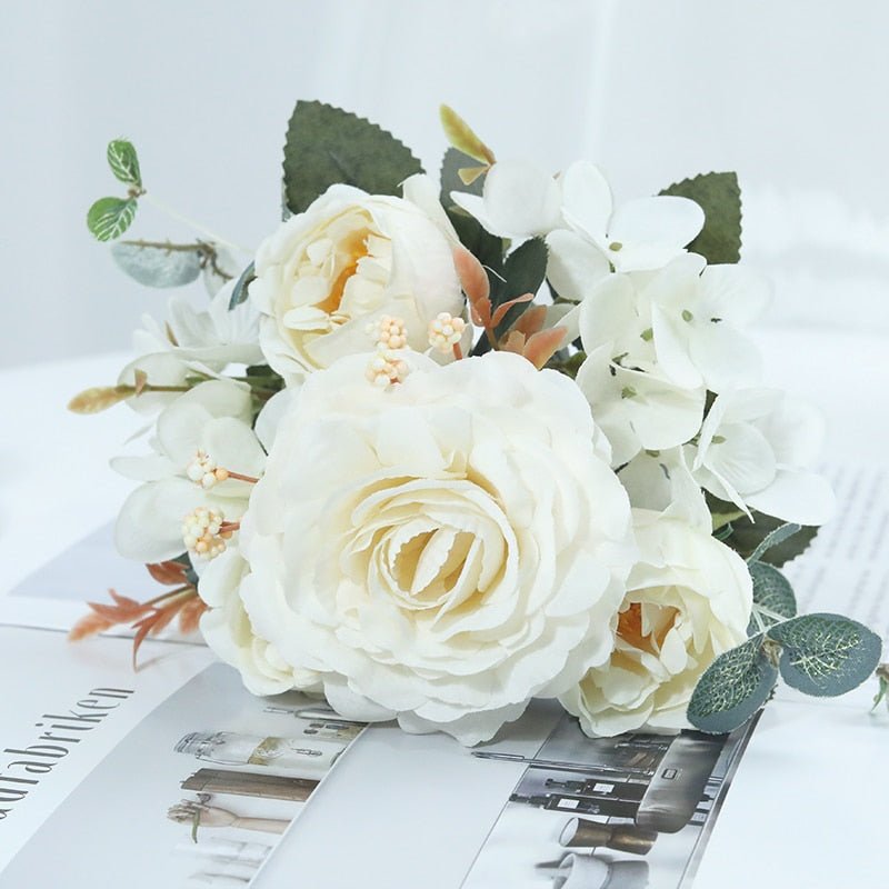 14:365458#White - Artificial Hydrangea Rose Eucalyptus and Peony Faux Flower Bouquet - Coa Living