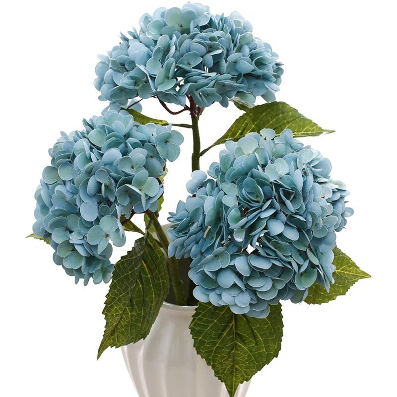 14:496#3 Pcs Sky Blue - Artificial 3 Bloom Large Hydrangea Bouquet with Leaves - Coa Living