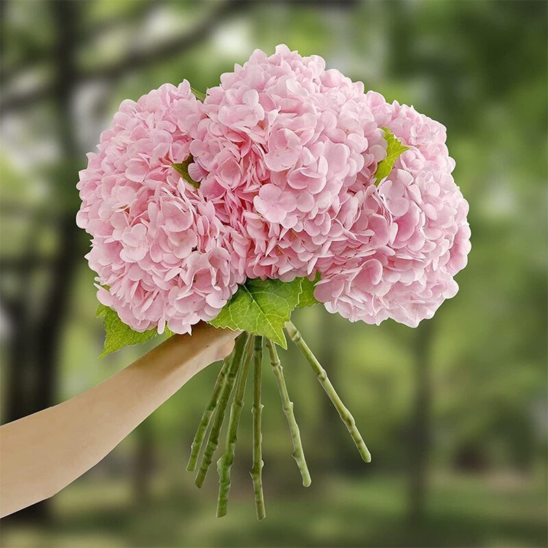 14:691#3 Pcs Light Pink - Artificial 3 Bloom Large Hydrangea Bouquet with Leaves - Coa Living