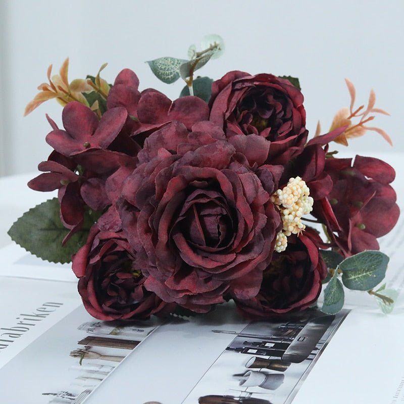 14:691#Dark Red - Artificial Hydrangea Rose Eucalyptus and Peony Faux Flower Bouquet - Coa Living