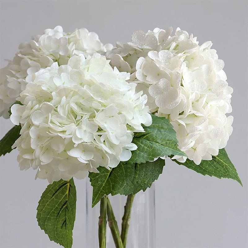 14:771#3 Pcs White - Artificial 3 Bloom Large Hydrangea Bouquet with Leaves - Coa Living