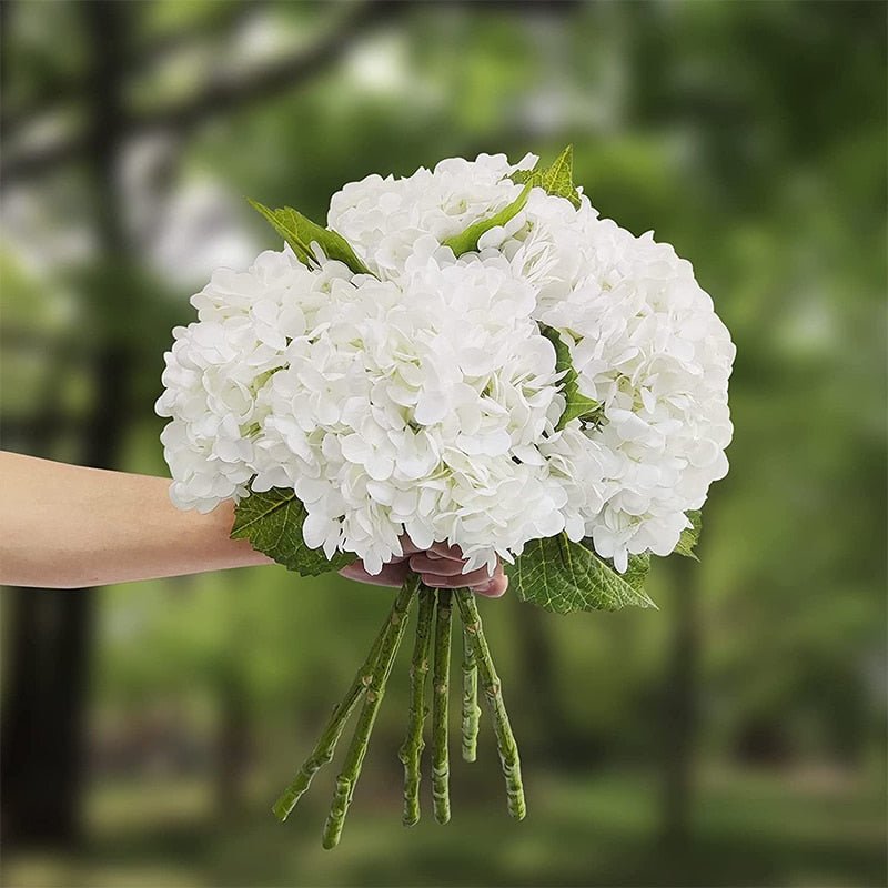 14:771#3 Pcs White - Artificial 3 Bloom Large Hydrangea Bouquet with Leaves - Coa Living