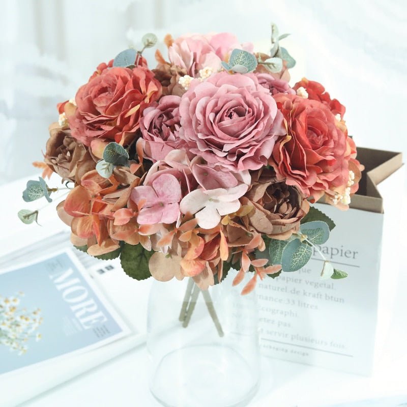 14:771#Orange - Artificial Hydrangea Rose Eucalyptus and Peony Faux Flower Bouquet - Coa Living