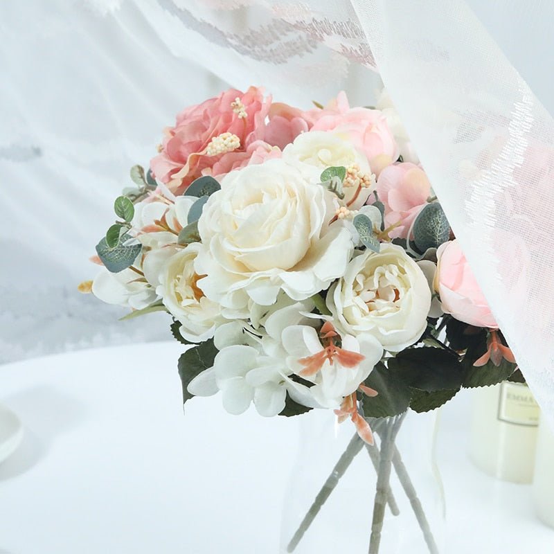 14:771#Orange - Artificial Hydrangea Rose Eucalyptus and Peony Faux Flower Bouquet - Coa Living