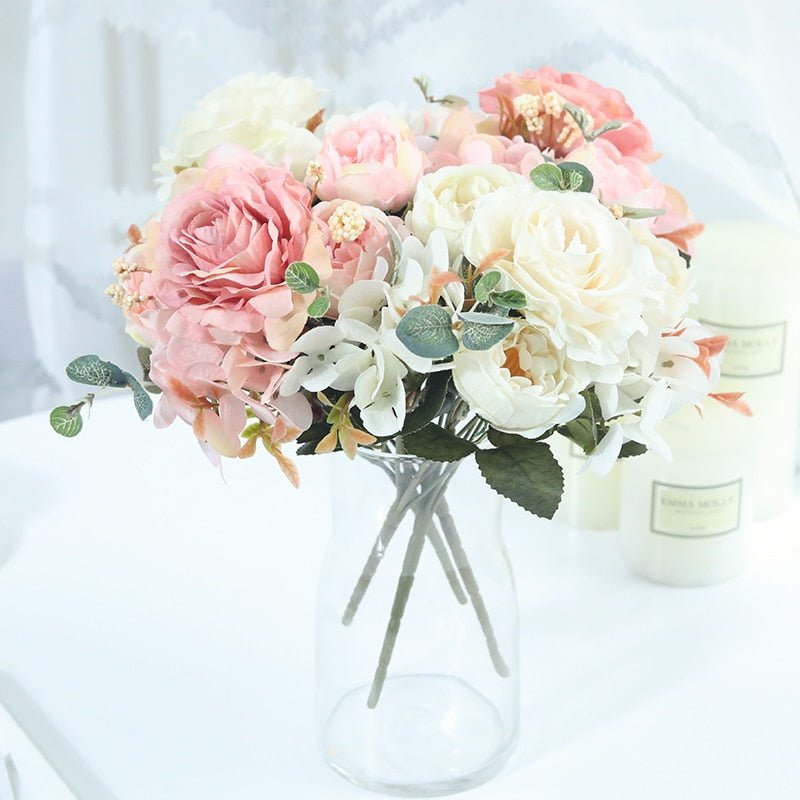 14:771#Orange - Artificial Hydrangea Rose Eucalyptus and Peony Faux Flower Bouquet - Coa Living