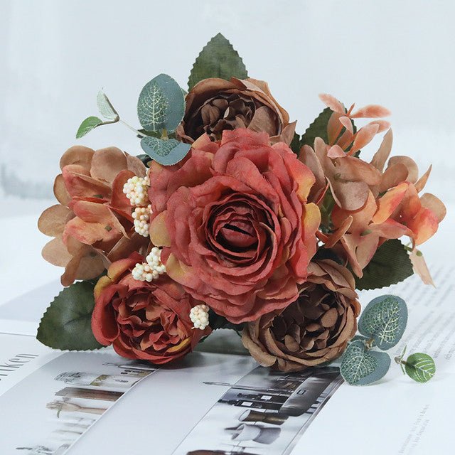 14:771#Orange - Artificial Hydrangea Rose Eucalyptus and Peony Faux Flower Bouquet - Coa Living