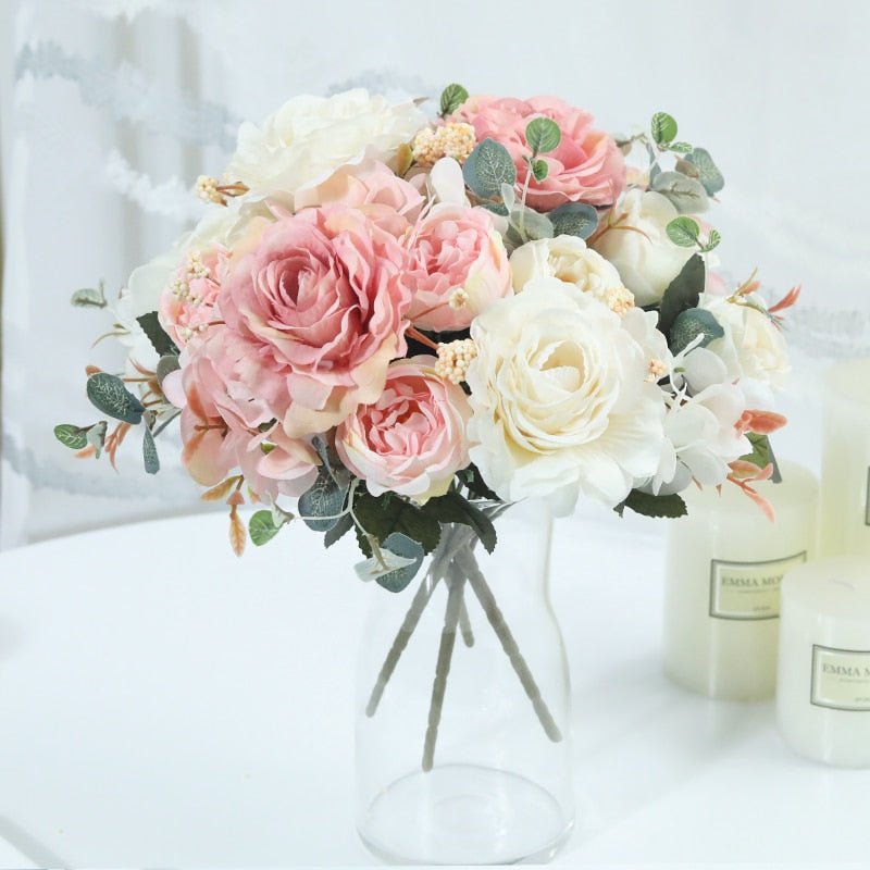 14:771#Orange - Artificial Hydrangea Rose Eucalyptus and Peony Faux Flower Bouquet - Coa Living