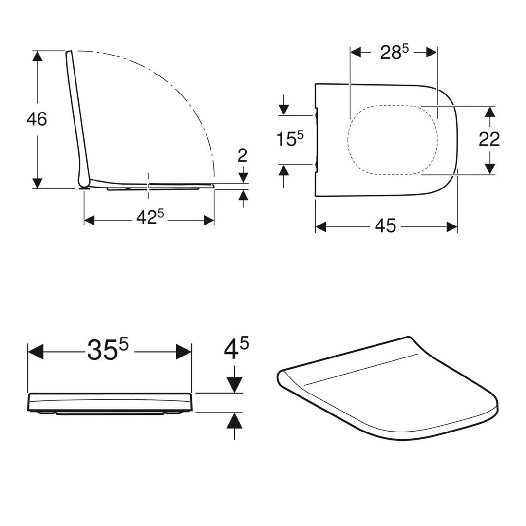 500.237.01.1 - Geberit Smyle Square Replacement Slimline Soft Close Toilet Seat in White - 500.237.01.1 - Coa Living