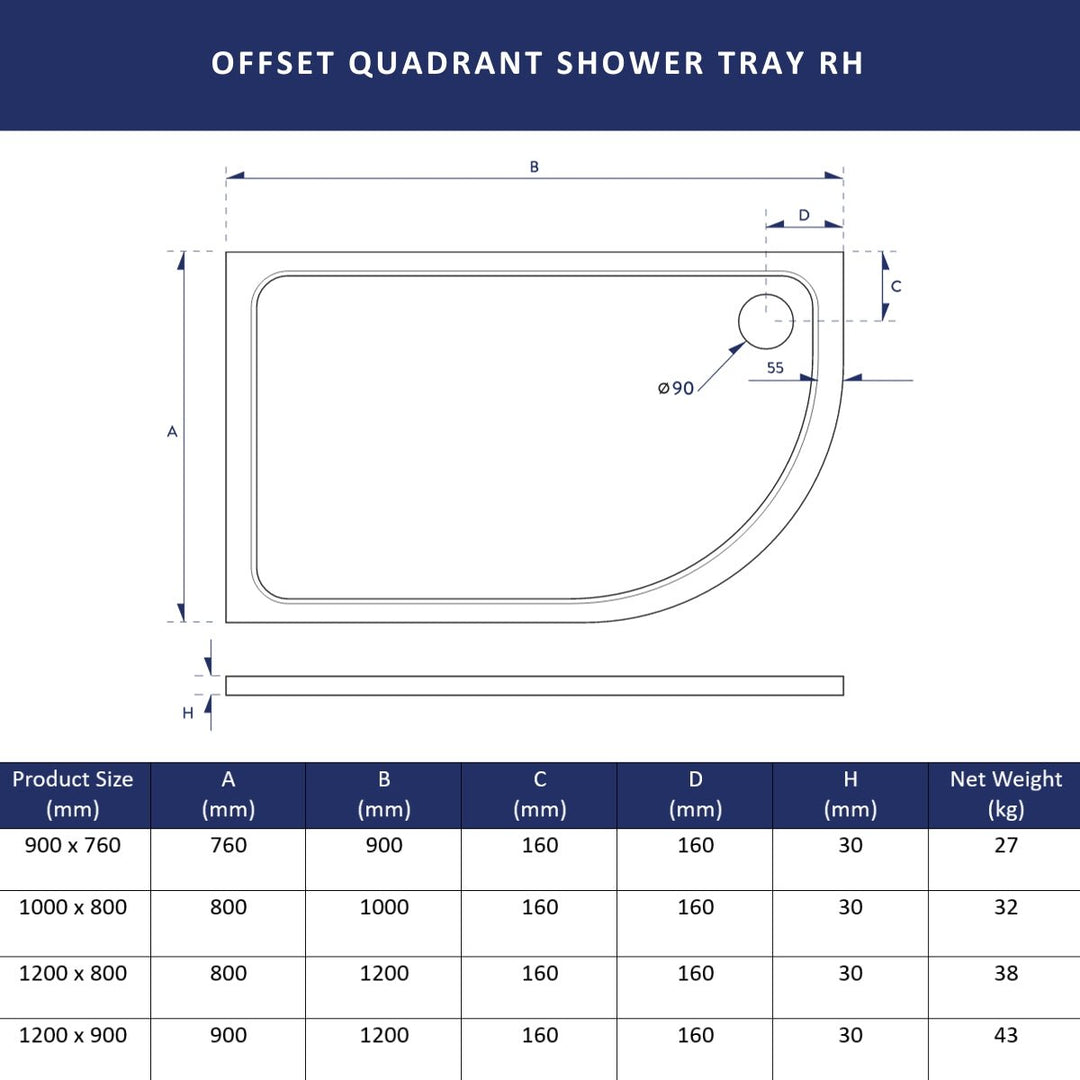 AM00540 - Amara Right-Handed Offset Quadrant Shower Tray - Coa Living