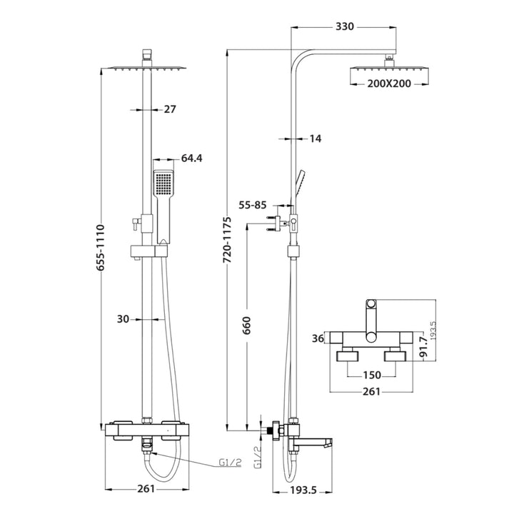 AM00580 - Amara Square Rigid Riser Shower with Bath Filler in Chrome - Coa Living