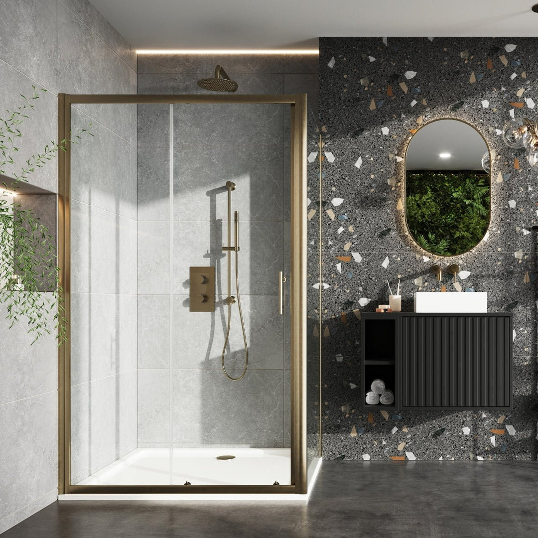 '- Amara Levisham Sliding Shower Door in Brushed Brass - Coa Living