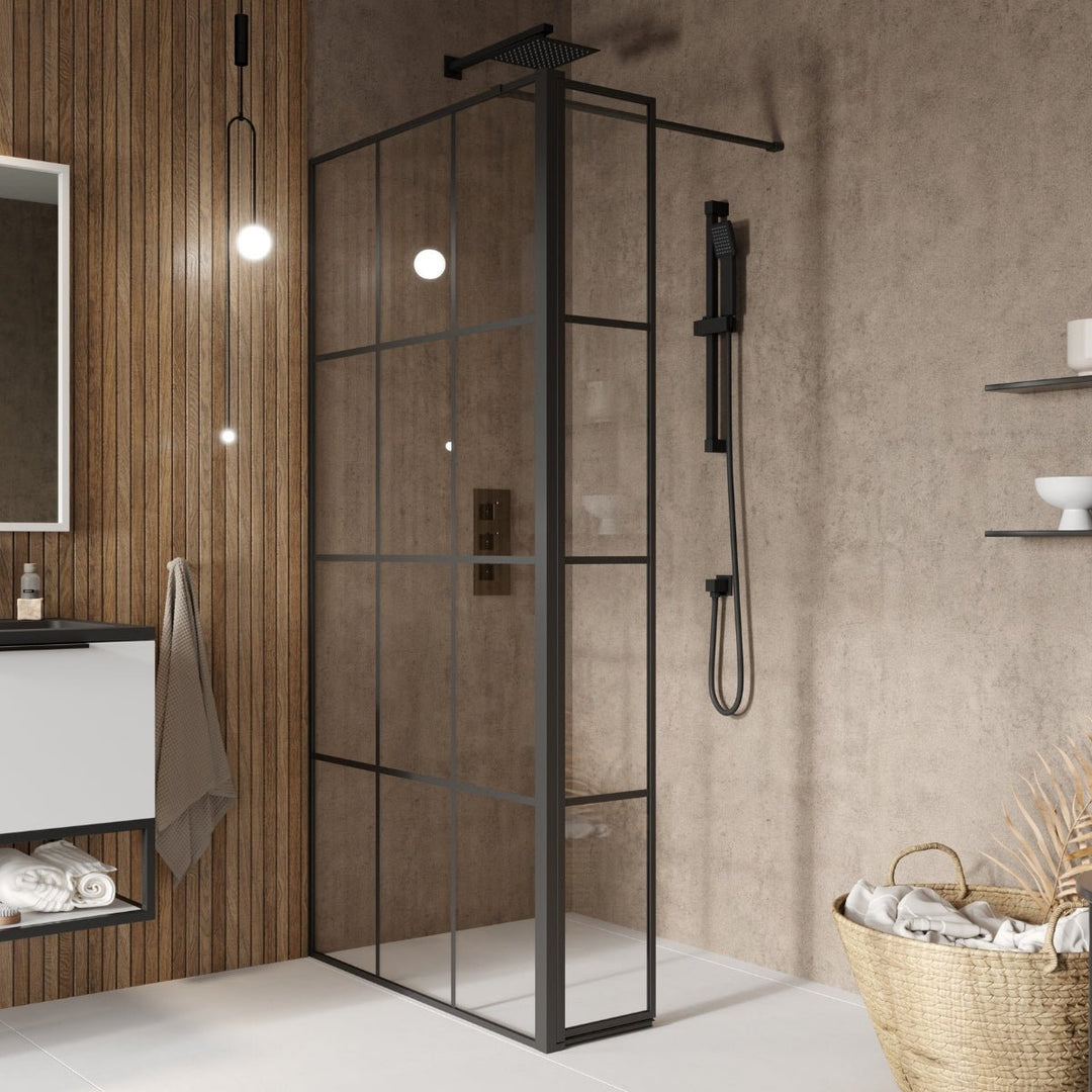 '- Amara Malton Grid Wetroom Screen with Deflector Panel in Matt Black - Coa Living