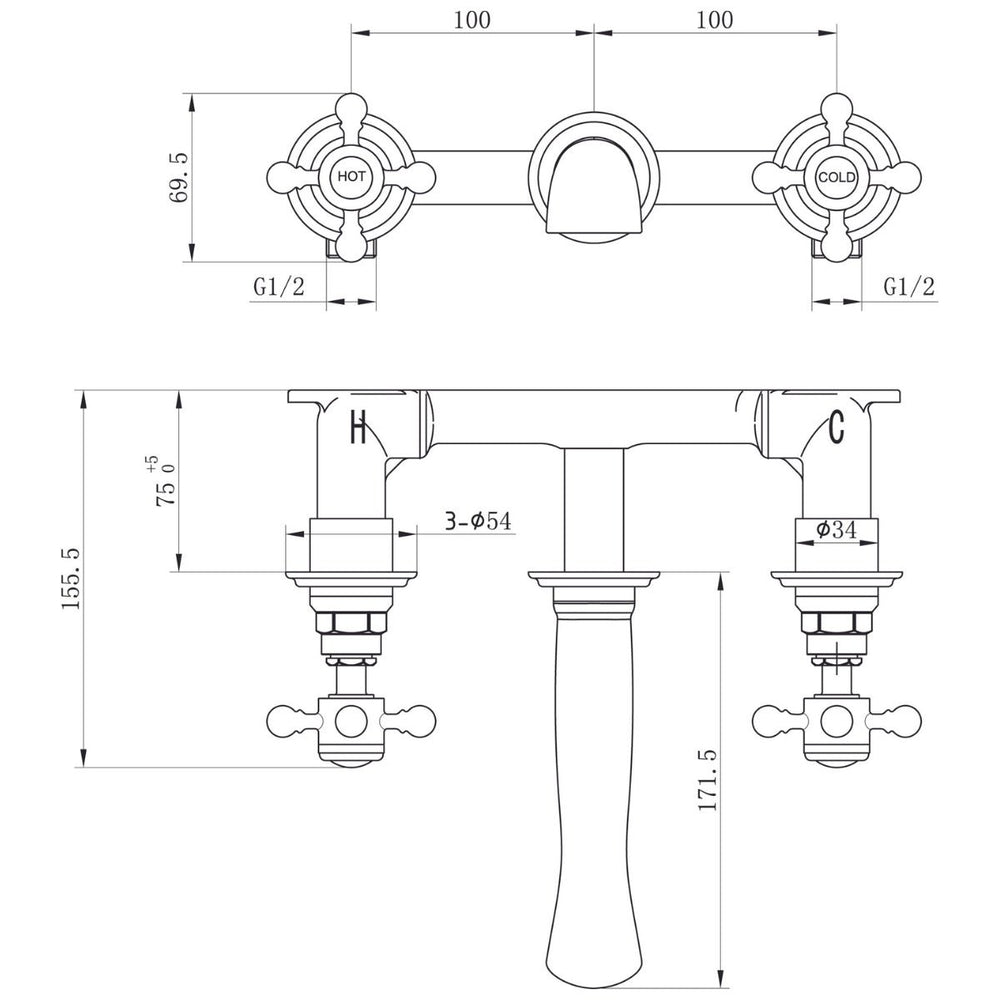 BRASS007 - Harrogate Wall-Mounted Basin Mixer Tap in Brushed Brass - Coa Living