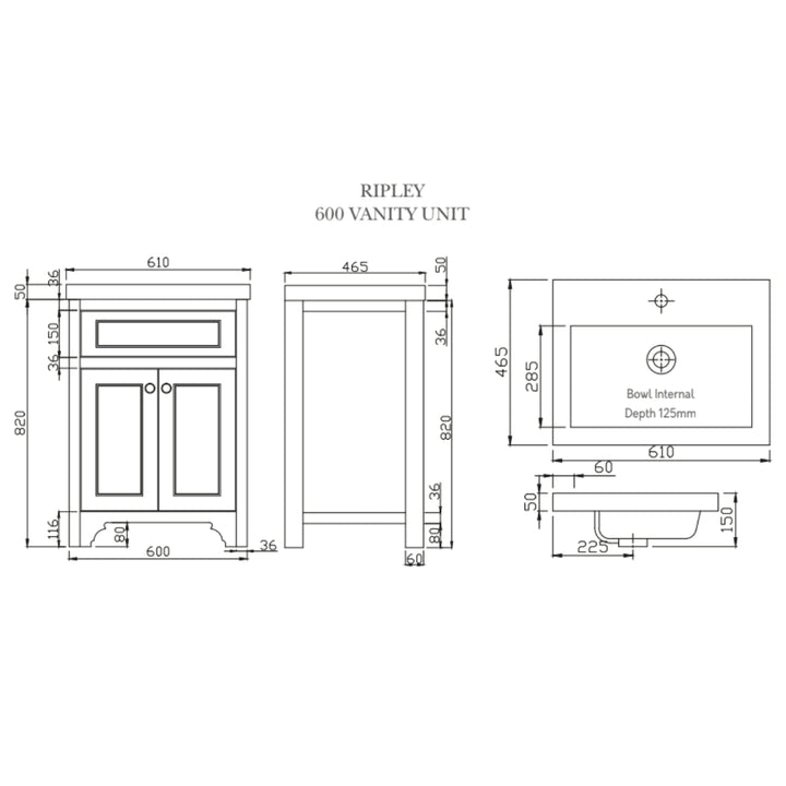 HARRPACK060 - Harrogate Ripley 600mm Vanity Unit with Ceramic Basin - Coa Living