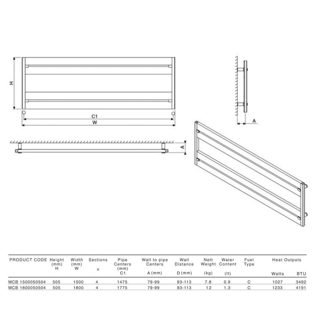 MCB 1800050504 TXA - Carisa Mack Bath Horizontal Aluminium Central Heating Radiator in Textured Anthracite - Coa Living