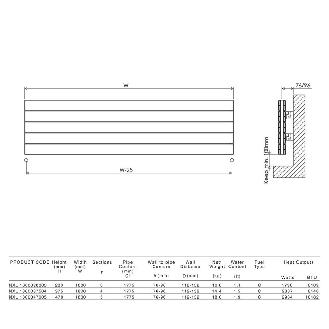 NXL 1800028003 TXB - Carisa Nemo Double XL Horizontal Aluminium Central Heating Radiator in Textured Black - Coa Living