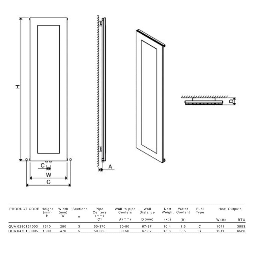 QUA 0280161003 TXW - Carisa Quadro Aluminium Radiator in Textured White - Coa Living