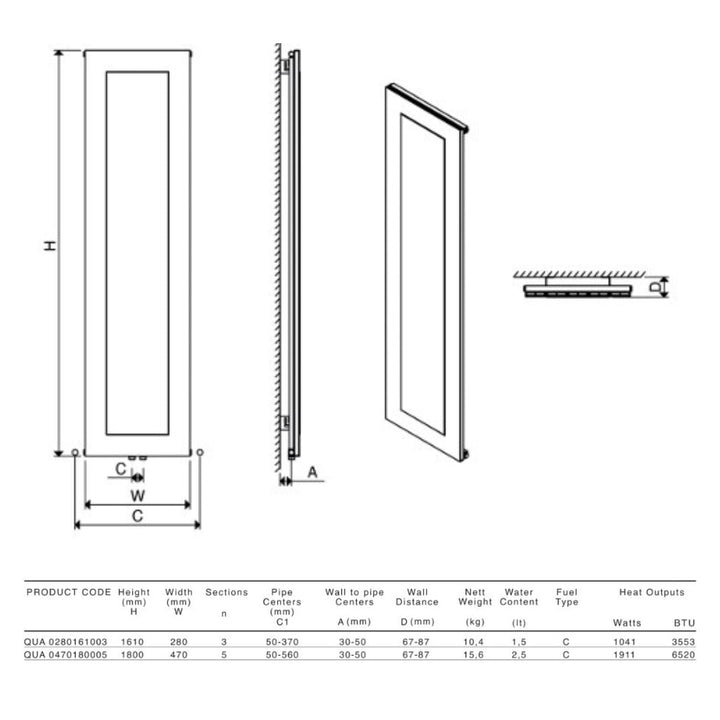 QUA 0280161003 TXW - Carisa Quadro Aluminium Radiator in Textured White - Coa Living