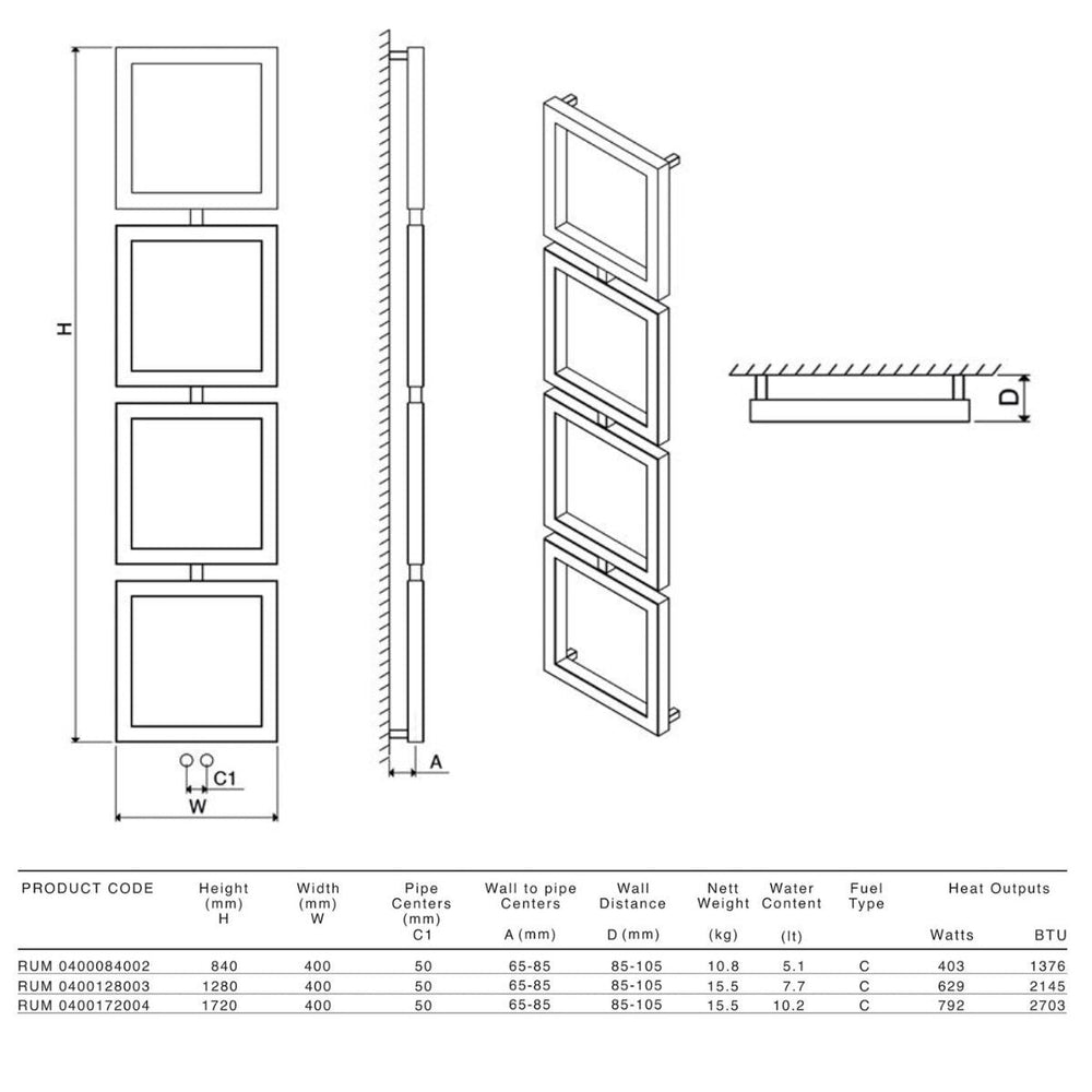 RUM 0400128003 STP - Carisa Ruma Stainless Steel Central Heating Radiator in a Satin Polished Finish - Coa Living