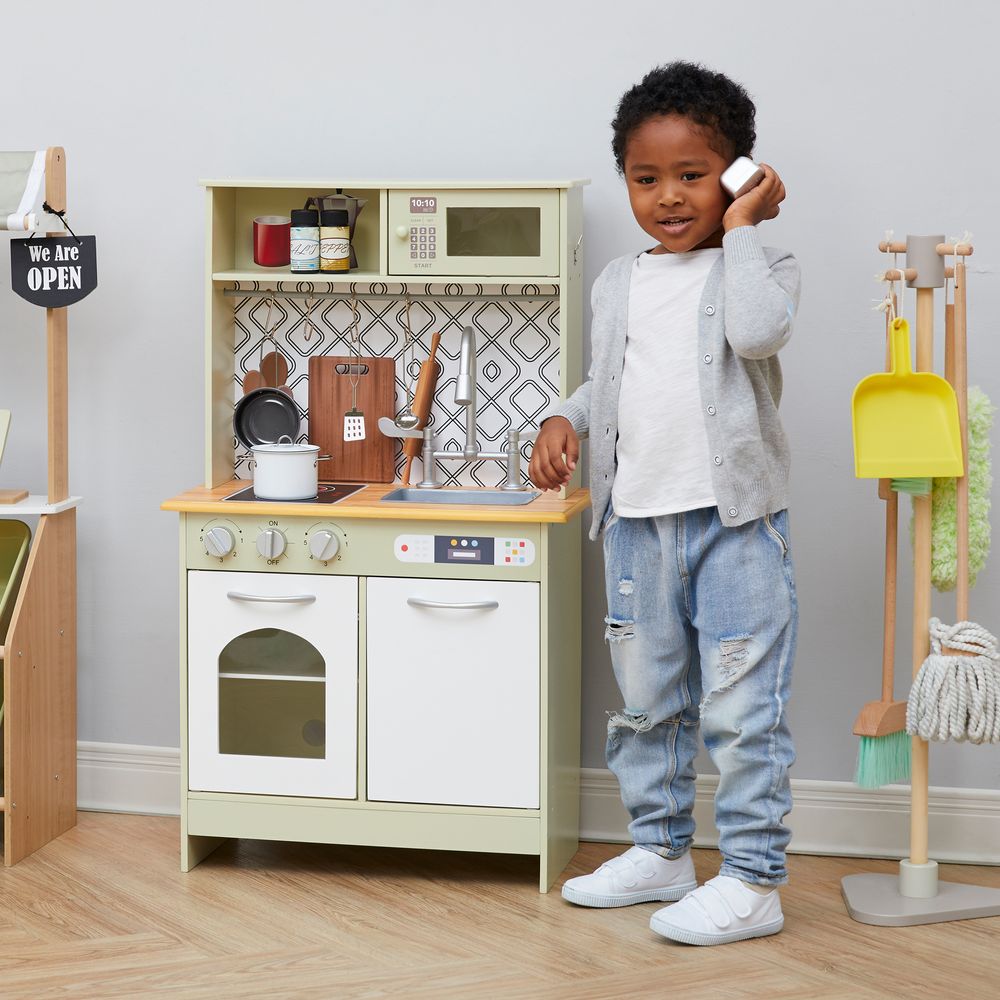 S0671015932 - Wooden Kitchen Playset with Interactive Features and 9 Accessories - Coa Living