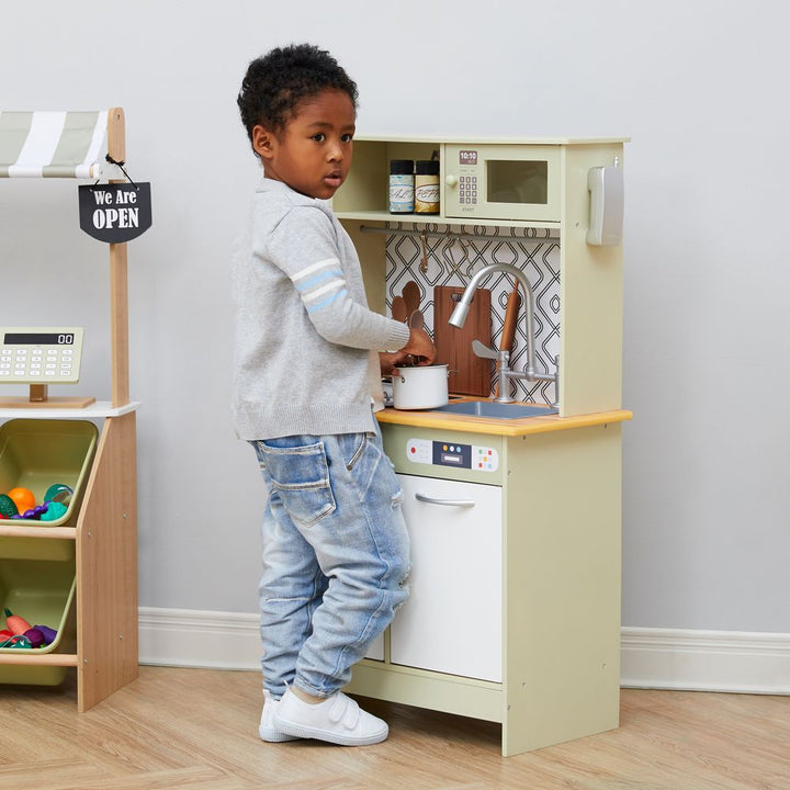 S0671015932 - Wooden Kitchen Playset with Interactive Features and 9 Accessories - Coa Living