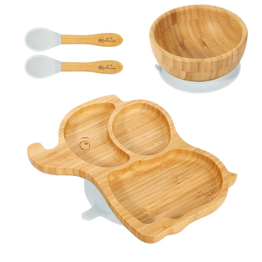 S0671018880 - Bamboo Suction Base Plate and Bowl Set with Spoons in an Elephant Shape - Coa Living