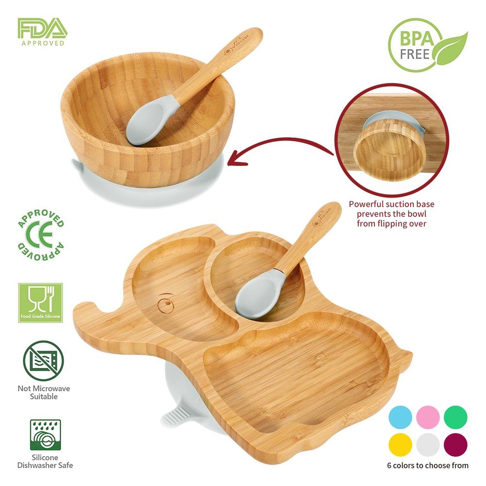 S0671018880 - Bamboo Suction Base Plate and Bowl Set with Spoons in an Elephant Shape - Coa Living