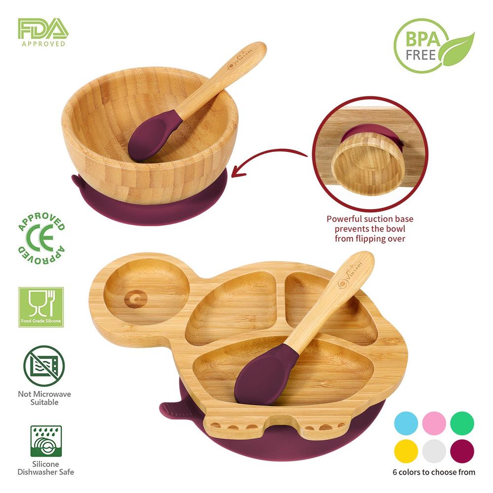 S0671018885 - Bamboo Suction Base Plate and Bowl Set with Spoons in a Turtle Shape - Coa Living