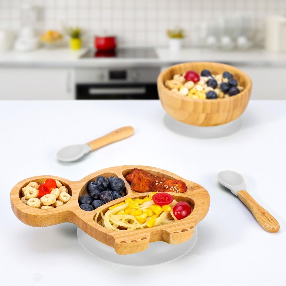 S0671018893 - Bamboo Suction Base Plate and Bowl Set with Spoons in a Turtle Shape - Coa Living