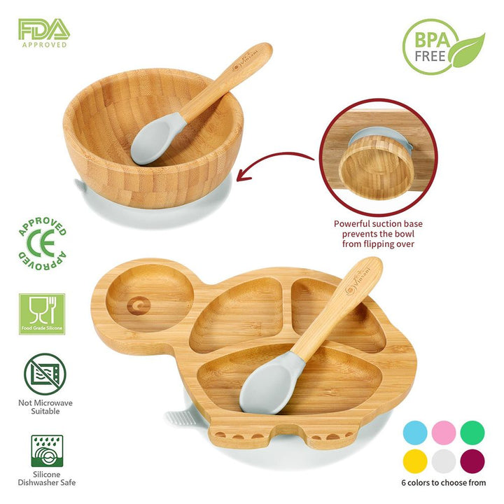 S0671018893 - Bamboo Suction Base Plate and Bowl Set with Spoons in a Turtle Shape - Coa Living