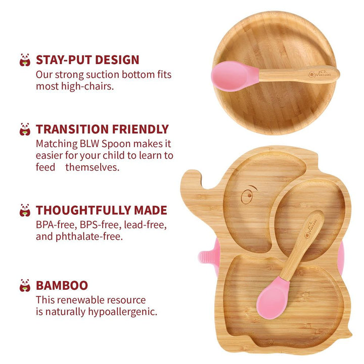 S0671018935 - Bamboo Suction Base Plate and Bowl Set with Spoons in an Elephant Shape - Coa Living