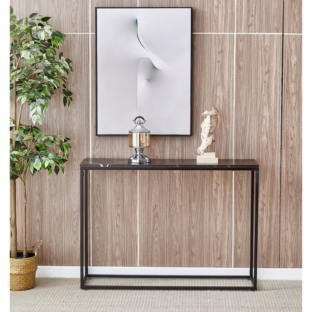 S0671294176 - Adriana Brown Marble Effect Console Table with Black Frame - Coa Living