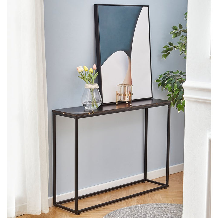 S0671294176 - Adriana Brown Marble Effect Console Table with Black Frame - Coa Living