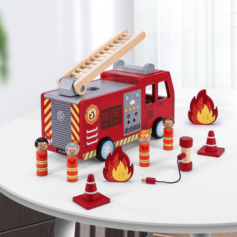 S067906640 - Wooden Fire Engine Playset with Firefighter Figurines - Coa Living