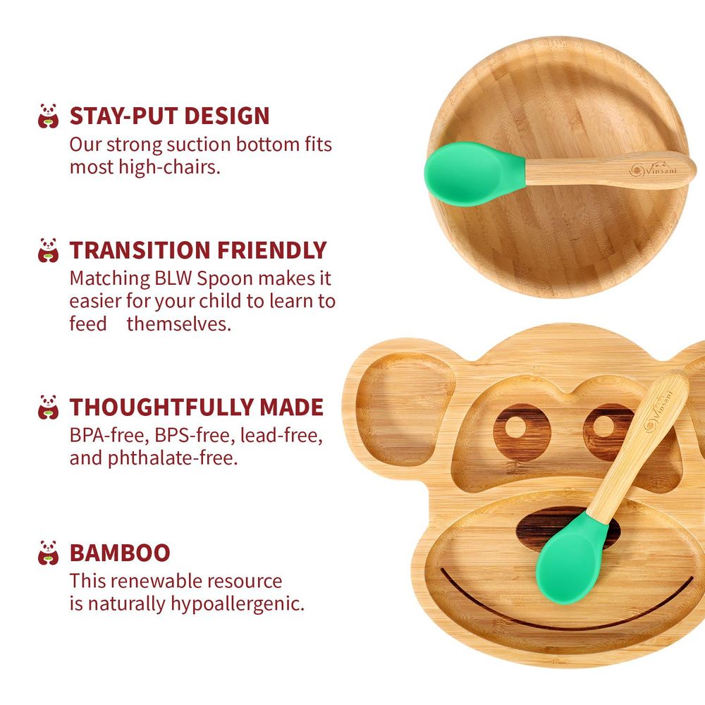 S067935944 - Bamboo Suction Base Plate and Bowl Set with Spoons in a Monkey Shape - Coa Living