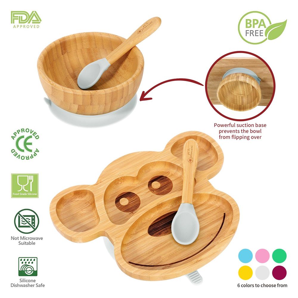 S067936036 - Bamboo Suction Base Plate and Bowl Set with Spoons in a Monkey Shape - Coa Living