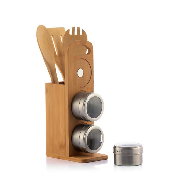 S069601238 - Bamsa 7 Piece Bamboo Utensil Set with Magnetic Spice Tins - Coa Living