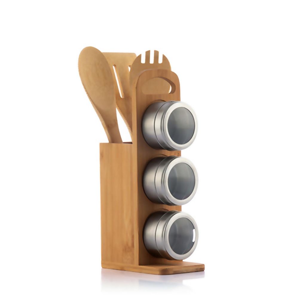 S069601238 - Bamsa 7 Piece Bamboo Utensil Set with Magnetic Spice Tins - Coa Living