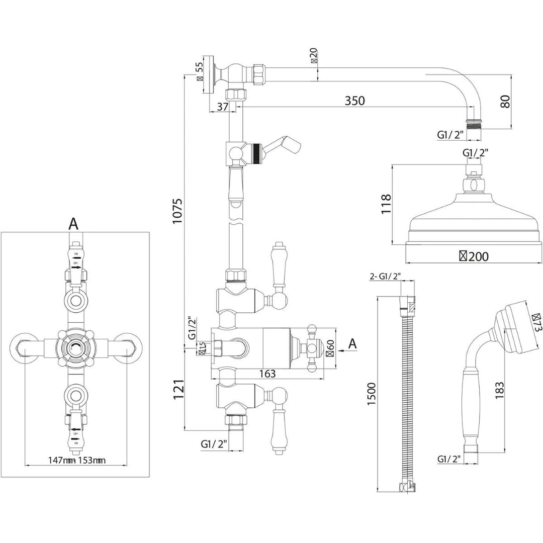 SHOWER007 - Harrogate Traditional Thermostatic Rigid Riser Shower Kit in Chrome - Coa Living