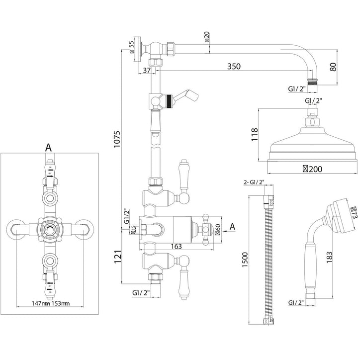 SHOWER007 - Harrogate Traditional Thermostatic Rigid Riser Shower Kit in Chrome - Coa Living