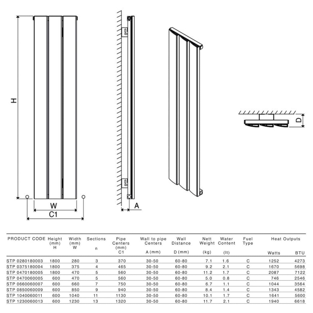 STP 0280180003 TXW - Carisa Step Vertical Aluminium Central Heating Radiator in Textured White - Coa Living